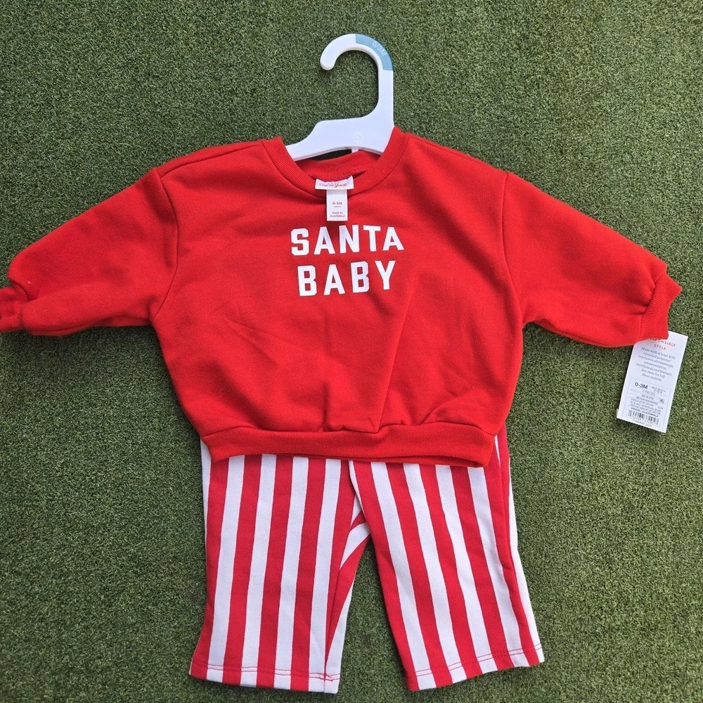 Cat & Jack Baby 2 piece Christmas Size 0-3 Months Santa Baby Red/white